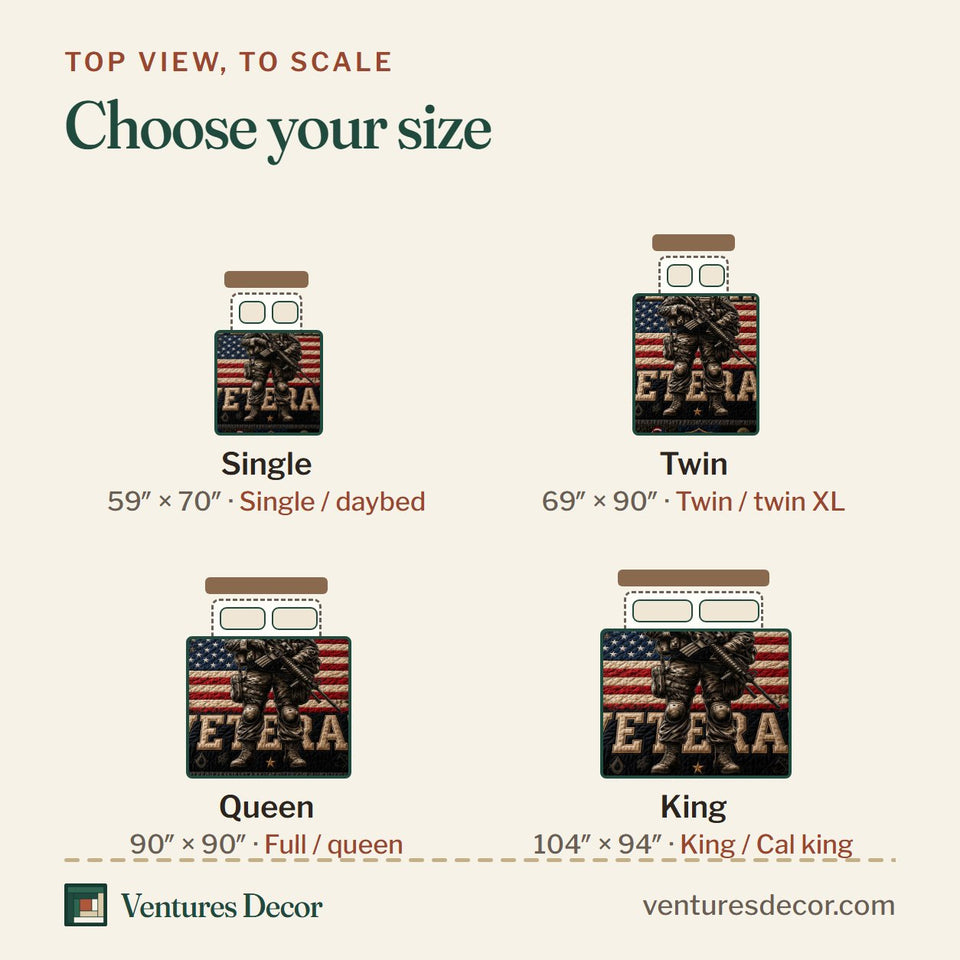 Size guide for the US Veteran Kneeling Soldier And Ribbon Patches quilt, top view to scale: Single 59 x 70 in, Twin 69 x 90 in, Queen 90 x 90 in, King 104 x 94 in