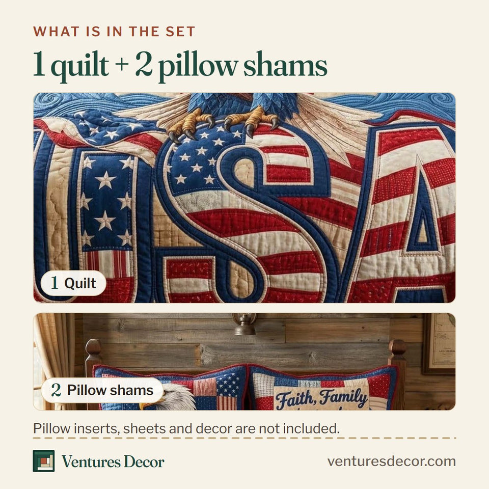 What is in the set: one quilt and two pillow shams, shown in the USA Eagle design