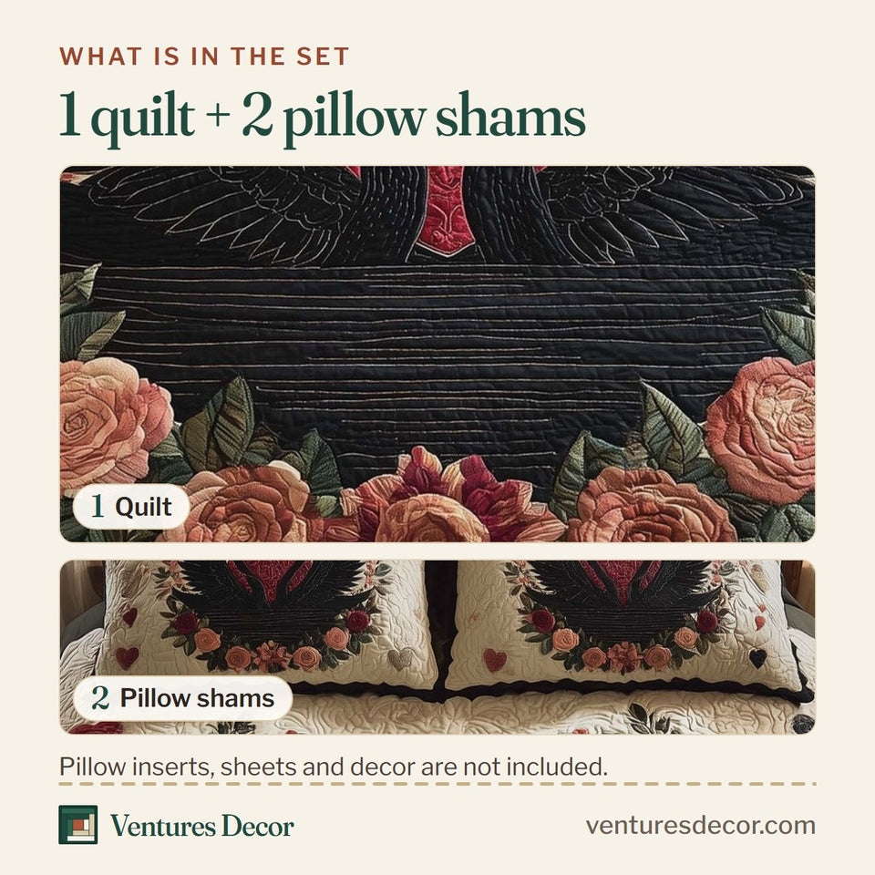 What is in the set: one quilt and two pillow shams, shown in the Valentine Couple Black Swans in a Rose Wreath design