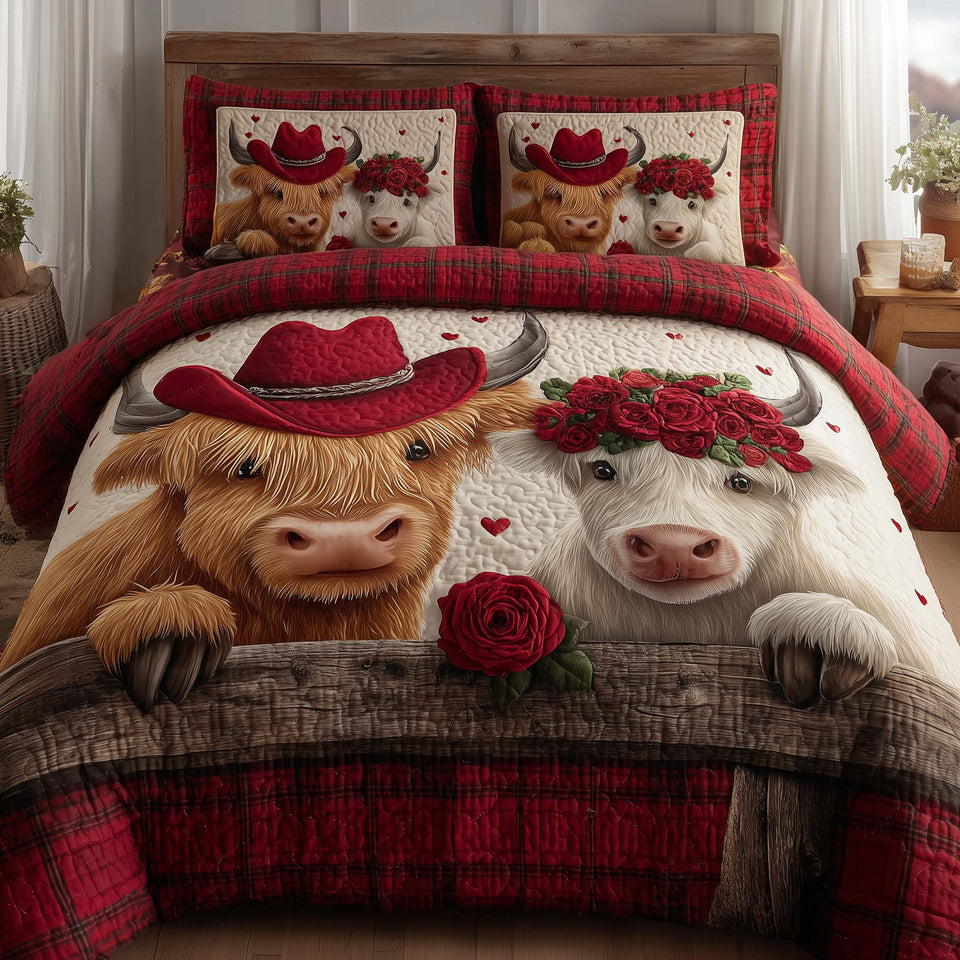 Valentine Couple Highland Cows on the Weathered Fence quilted bedding set, quilt and two pillow shams on a made bed