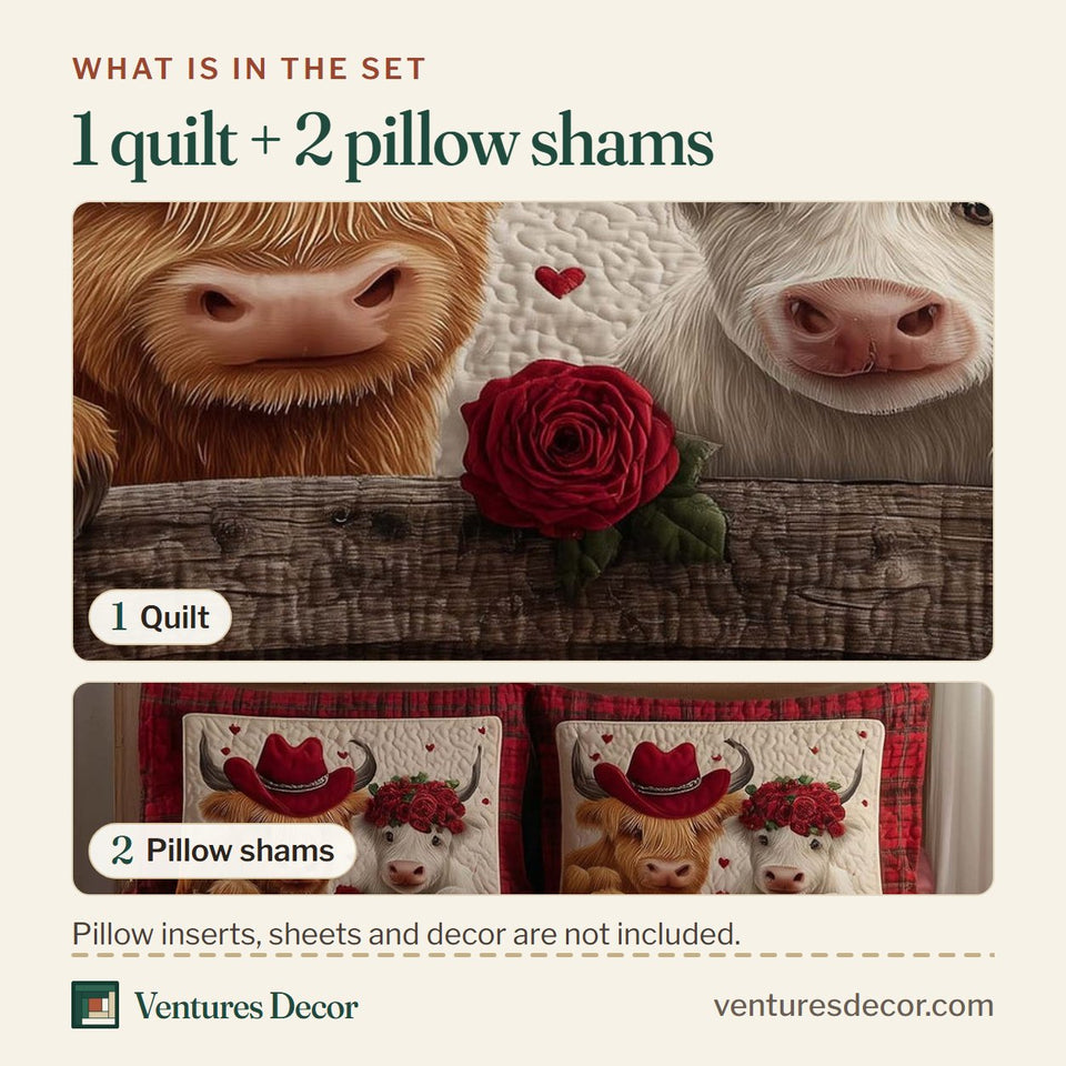 What is in the set: one quilt and two pillow shams, shown in the Valentine Couple Highland Cows on the Weathered Fence design