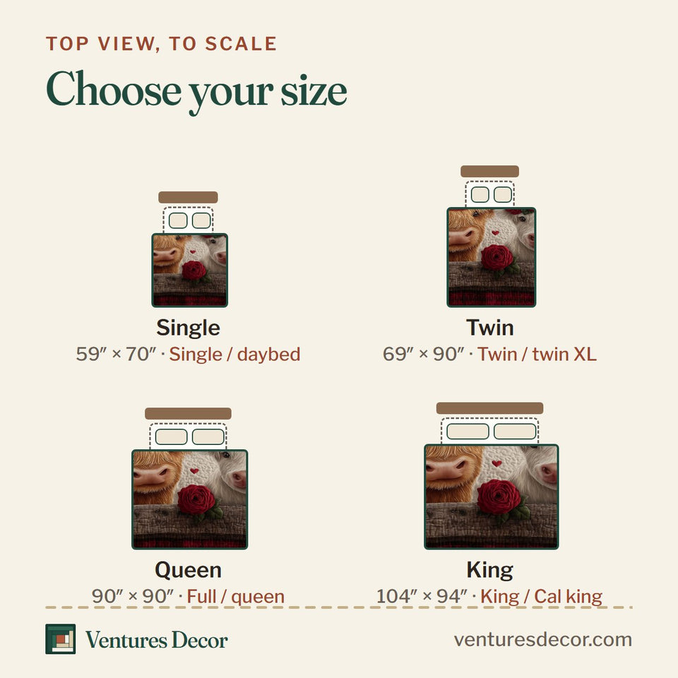 Size guide for the Valentine Couple Highland Cows on the Weathered Fence quilt, top view to scale: Single 59 x 70 in, Twin 69 x 90 in, Queen 90 x 90 in, King 104 x 94 in