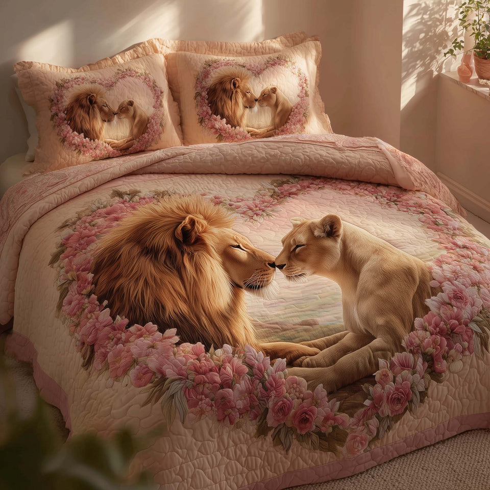 Valentine Couple Lions in a Blush Rose Heart quilted bedding set, quilt and two pillow shams on a made bed