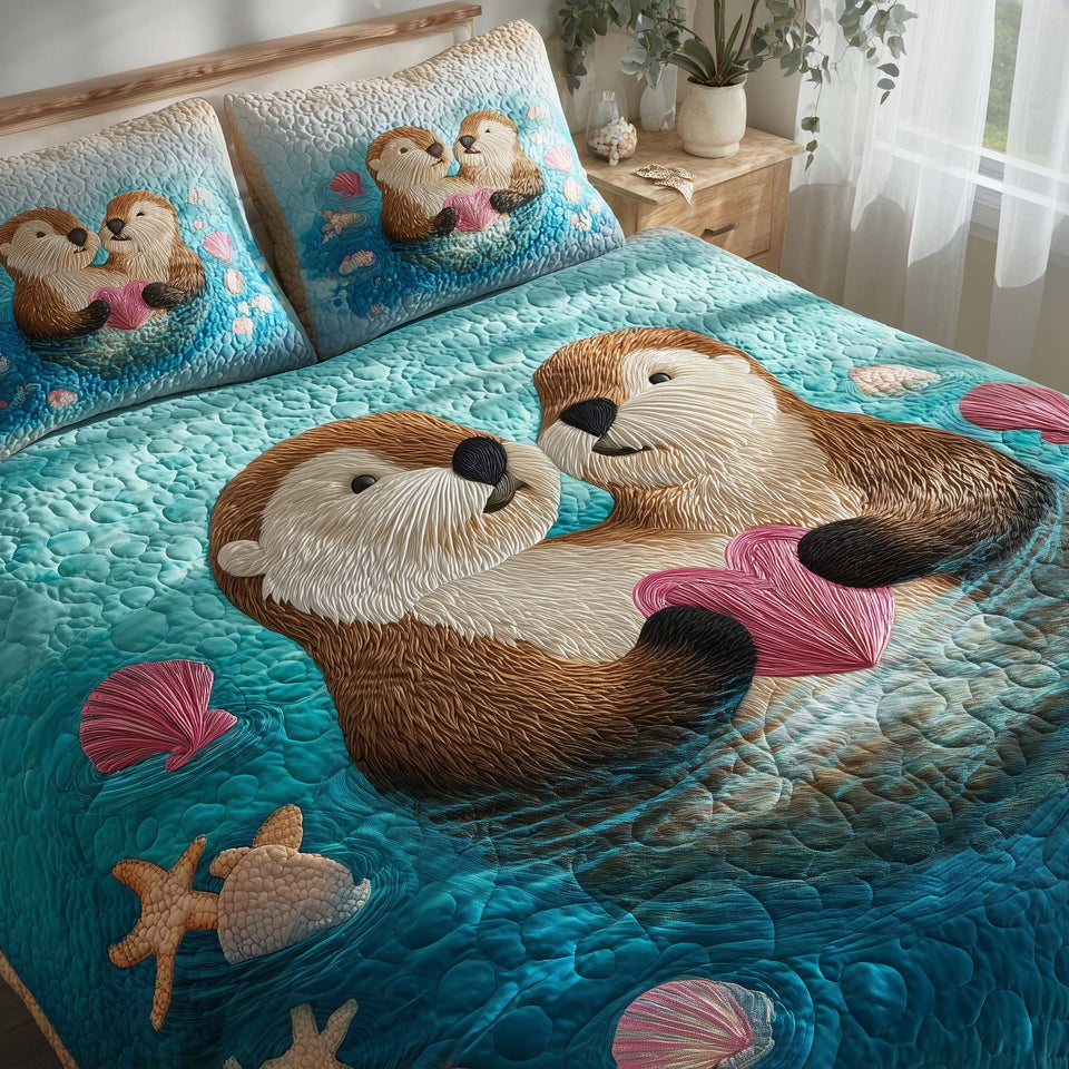 Valentine Couple Otters Floating on Turquoise Water quilted bedding set, quilt and two pillow shams on a made bed