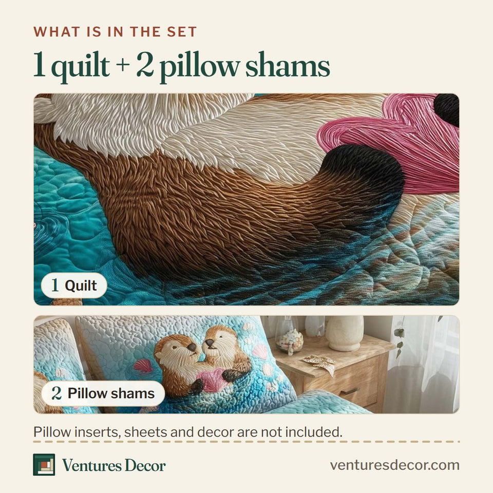 What is in the set: one quilt and two pillow shams, shown in the Valentine Couple Otters Floating on Turquoise Water design