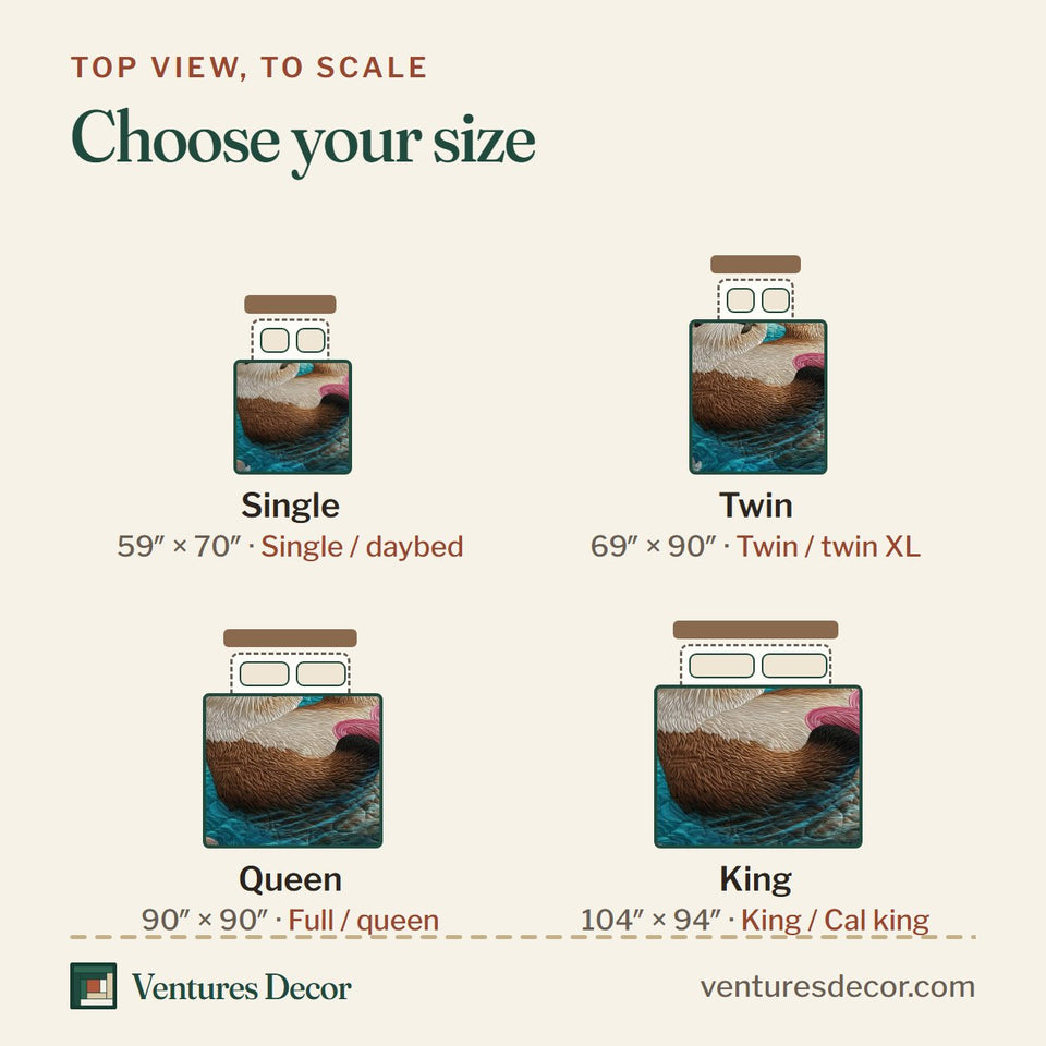 Size guide for the Valentine Couple Otters Floating on Turquoise Water quilt, top view to scale: Single 59 x 70 in, Twin 69 x 90 in, Queen 90 x 90 in, King 104 x 94 in