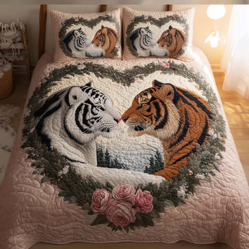 Valentine Couple Tigers in a Heart Wreath quilted bedding set, quilt and two pillow shams on a made bed