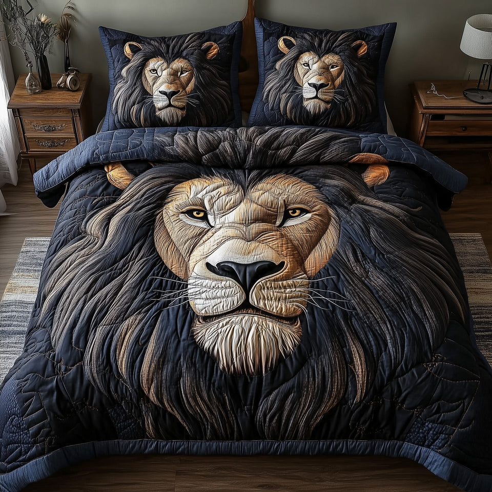 Valor Lion Dark Mane On Navy quilted bedding set, quilt and two pillow shams on a made bed