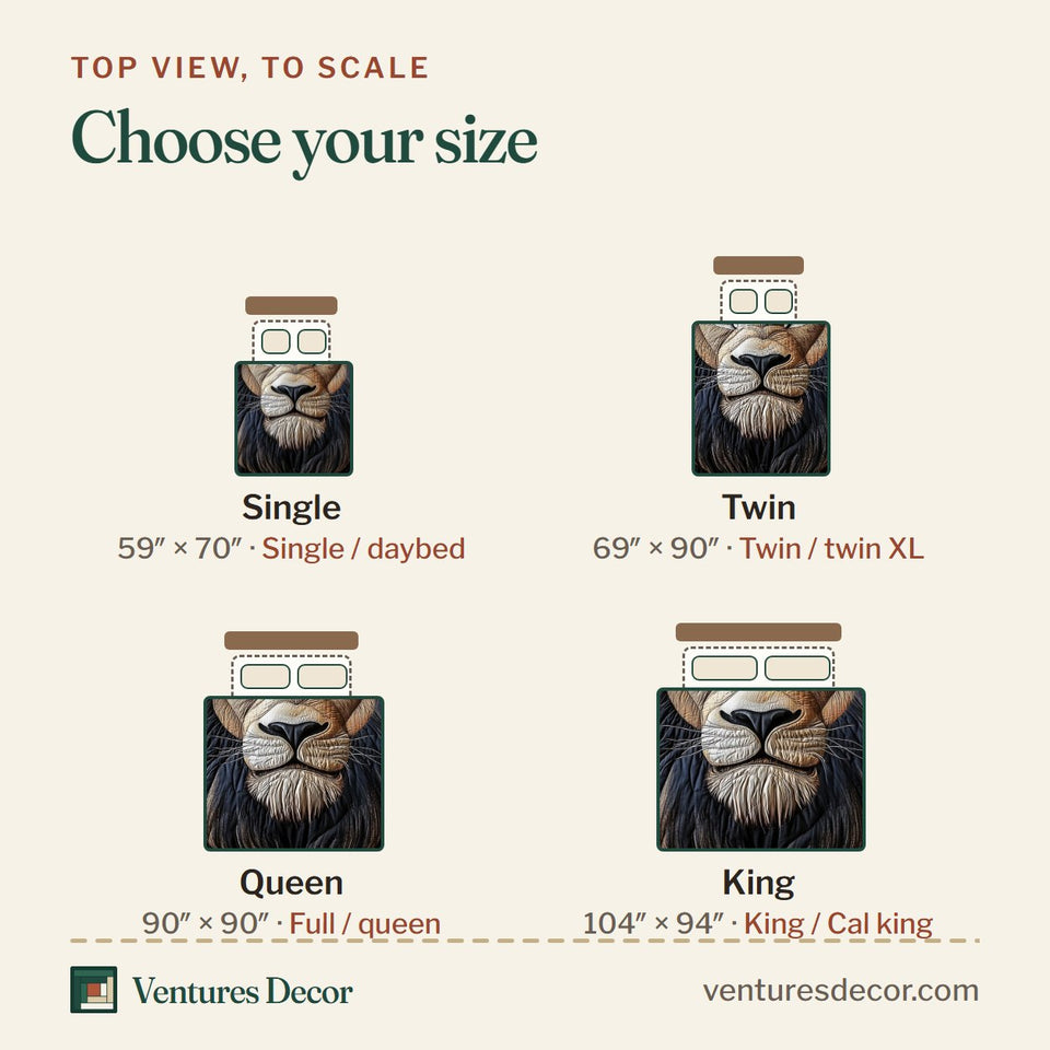 Size guide for the Valor Lion Dark Mane On Navy quilt, top view to scale: Single 59 x 70 in, Twin 69 x 90 in, Queen 90 x 90 in, King 104 x 94 in