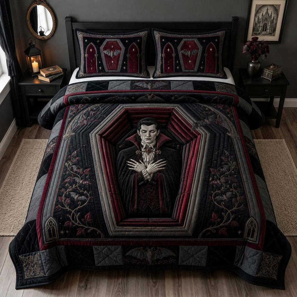 Vampire Coffin Night quilted bedding set, quilt and two pillow shams on a made bed