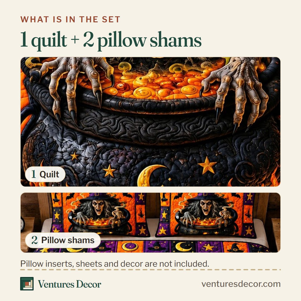What is in the set: one quilt and two pillow shams, shown in the Velvet Witch design