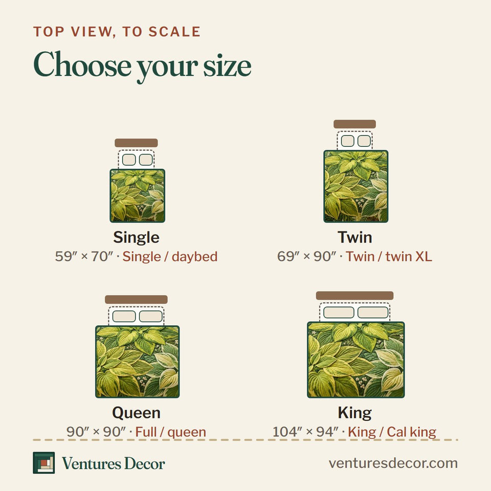 Size guide for the Verdant Leaf Canopy quilt, top view to scale: Single 59 x 70 in, Twin 69 x 90 in, Queen 90 x 90 in, King 104 x 94 in