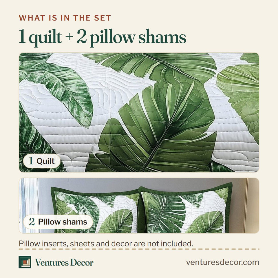 What is in the set: one quilt and two pillow shams, shown in the Verdant Palm Canopy design