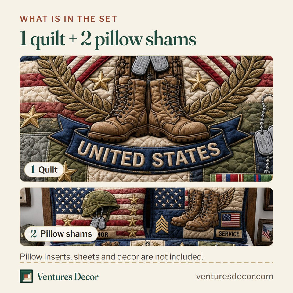 What is in the set: one quilt and two pillow shams, shown in the Veteran Day design