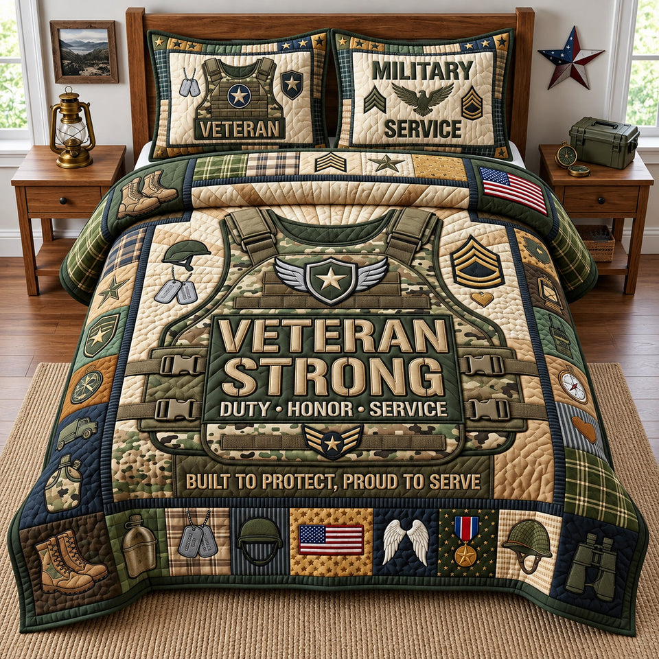 Veteran Pride America Birthday quilted bedding set, quilt and two pillow shams on a made bed