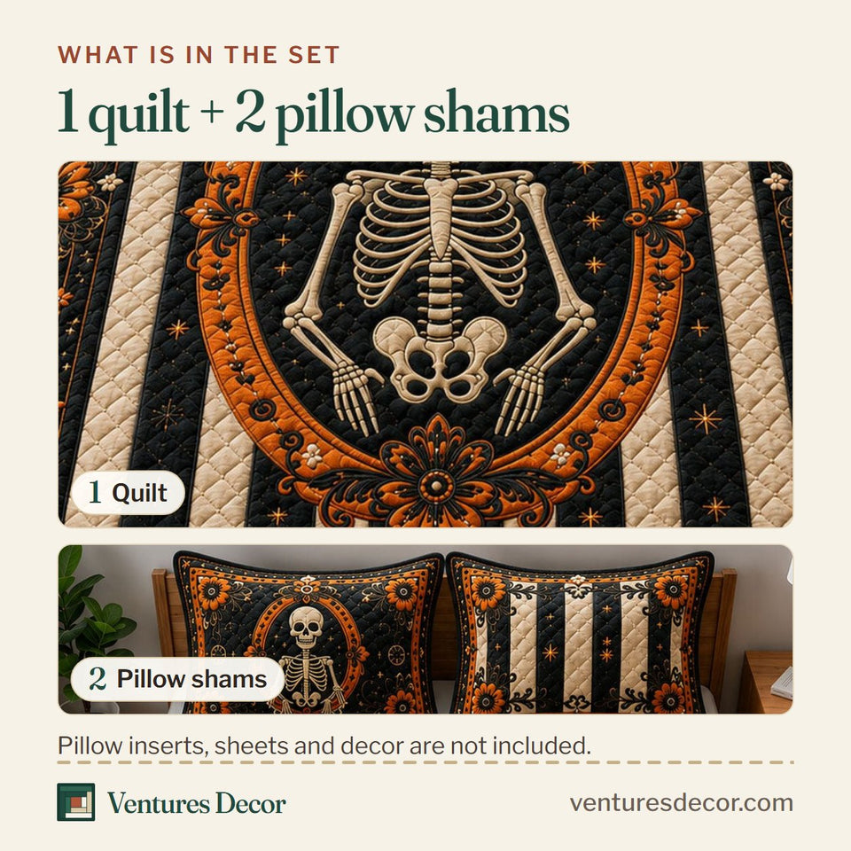 What is in the set: one quilt and two pillow shams, shown in the Victorian Skeleton Cameo design