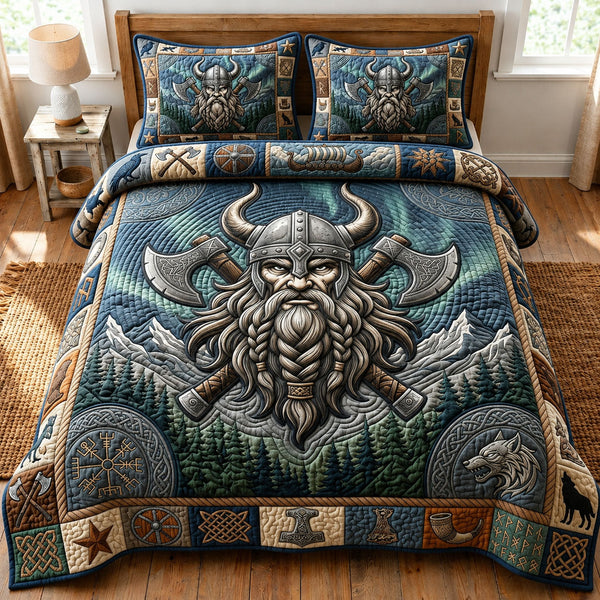 Viking Axe quilted bedding set, quilt and two pillow shams on a made bed
