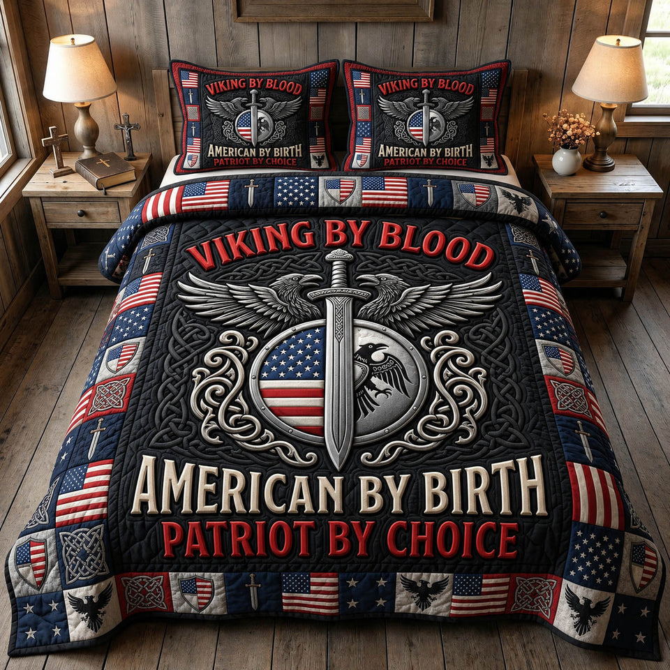Viking Blood Patriot Sword quilted bedding set, quilt and two pillow shams on a made bed