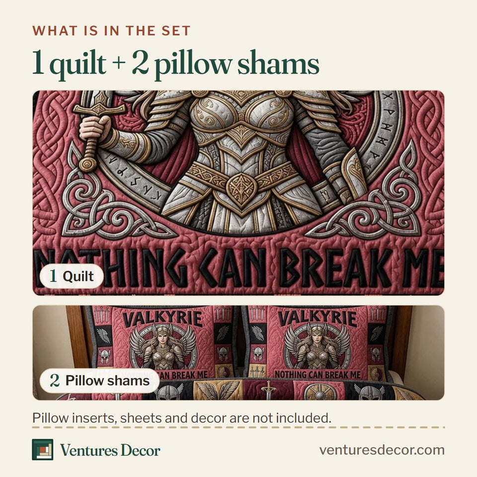 What is in the set: one quilt and two pillow shams, shown in the Viking Goddess Crimson Valkyrie Panel design