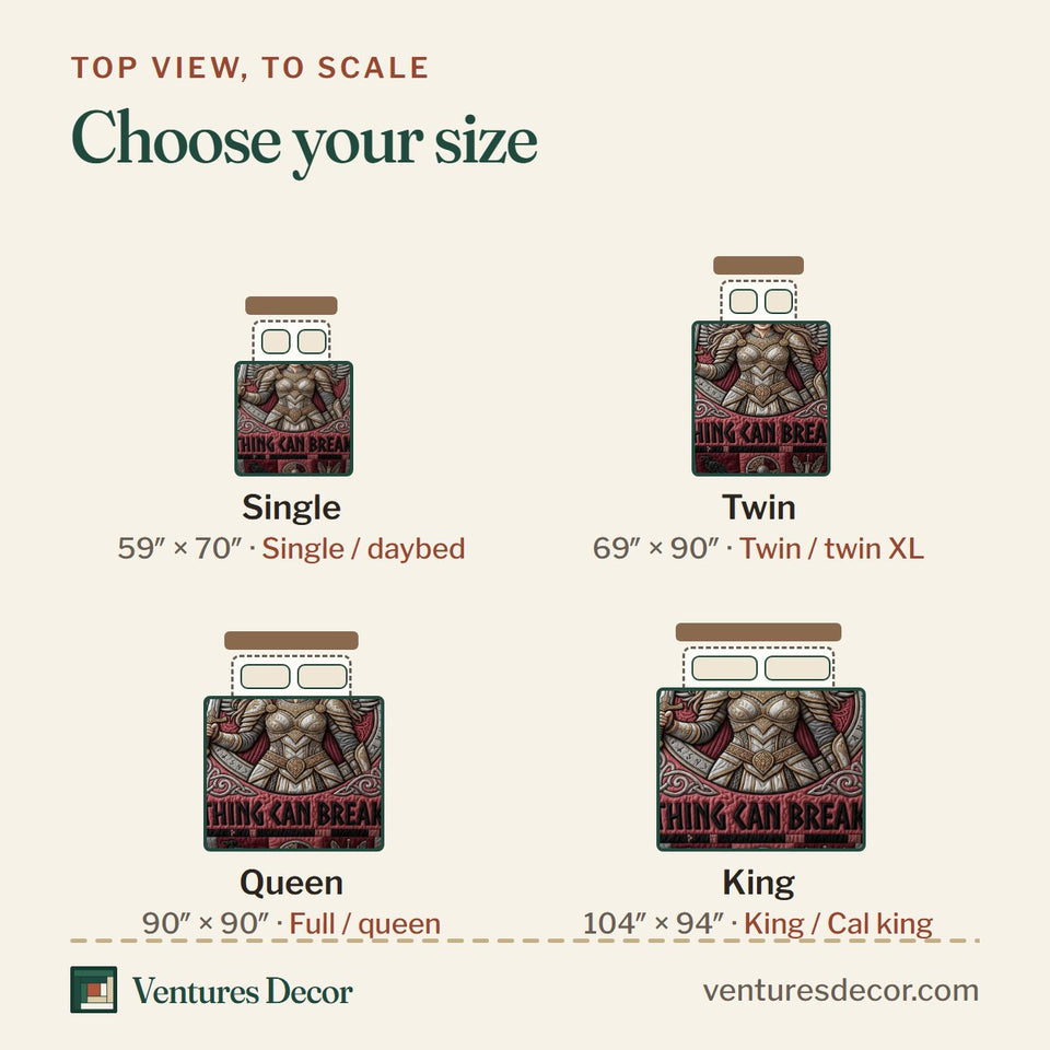 Size guide for the Viking Goddess Crimson Valkyrie Panel quilt, top view to scale: Single 59 x 70 in, Twin 69 x 90 in, Queen 90 x 90 in, King 104 x 94 in