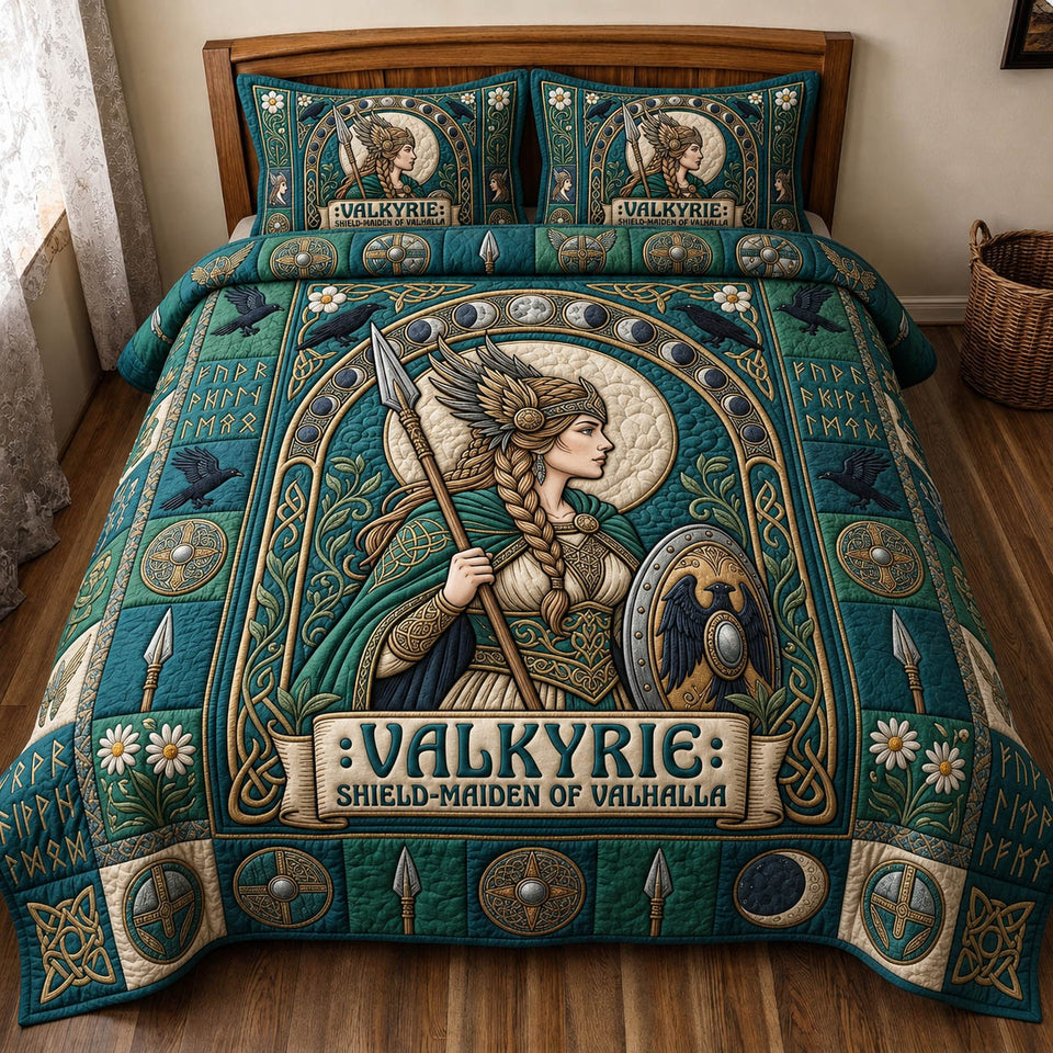 Viking Goddess Teal Shield Maiden quilted bedding set, quilt and two pillow shams on a made bed
