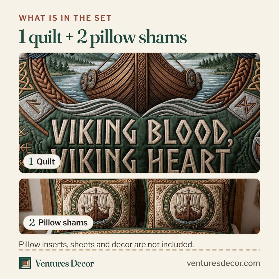 What is in the set: one quilt and two pillow shams, shown in the Viking Longship Green Prow Panel design