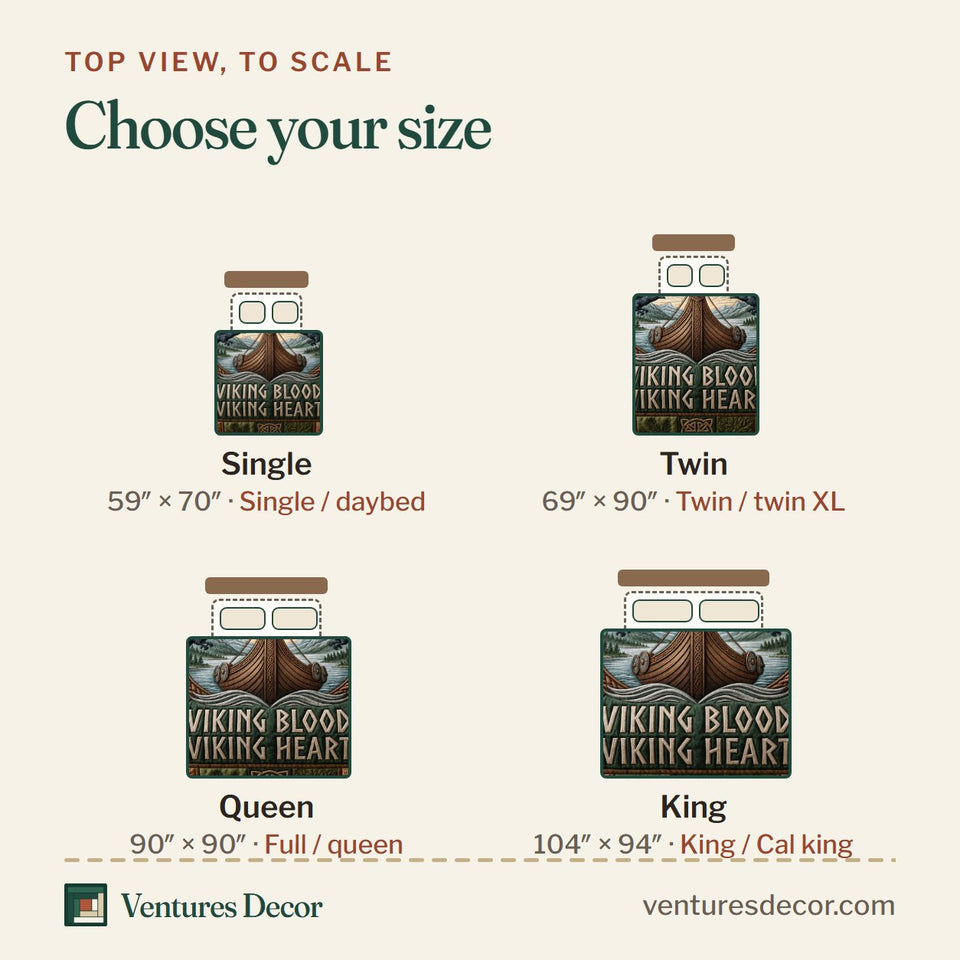 Size guide for the Viking Longship Green Prow Panel quilt, top view to scale: Single 59 x 70 in, Twin 69 x 90 in, Queen 90 x 90 in, King 104 x 94 in