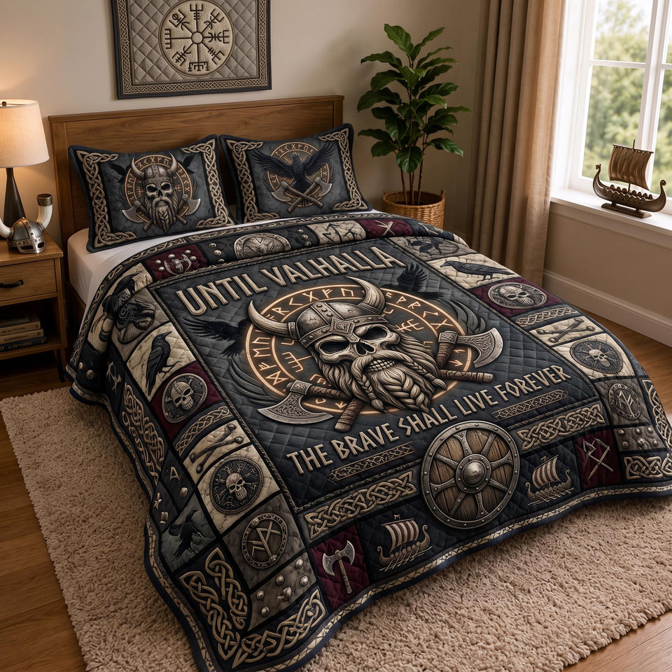 Viking Spirit quilted bedding set, quilt and two pillow shams on a made bed