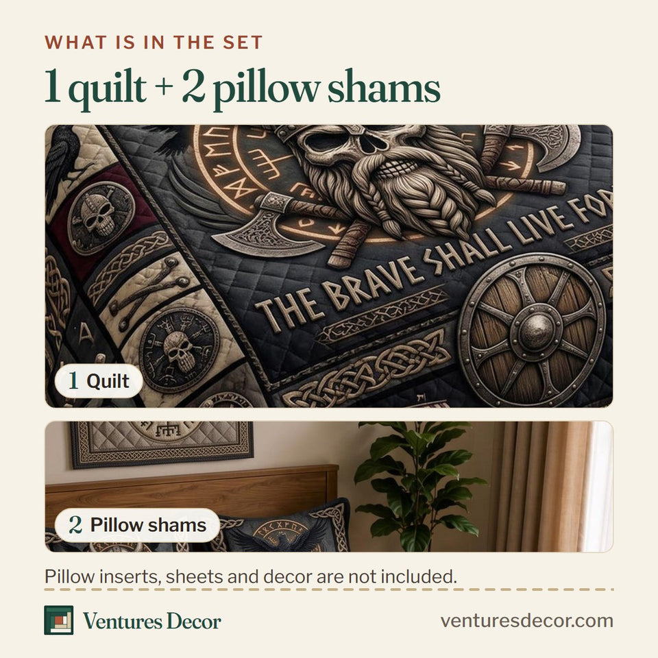 What is in the set: one quilt and two pillow shams, shown in the Viking Spirit design
