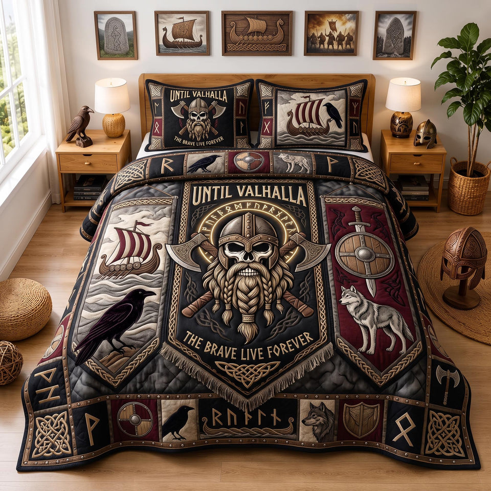 Viking Warrior quilted bedding set, quilt and two pillow shams on a made bed
