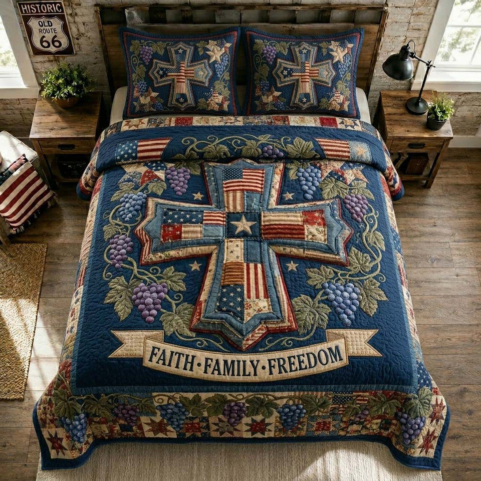 Vineyard Faith Cross quilted bedding set, quilt and two pillow shams on a made bed