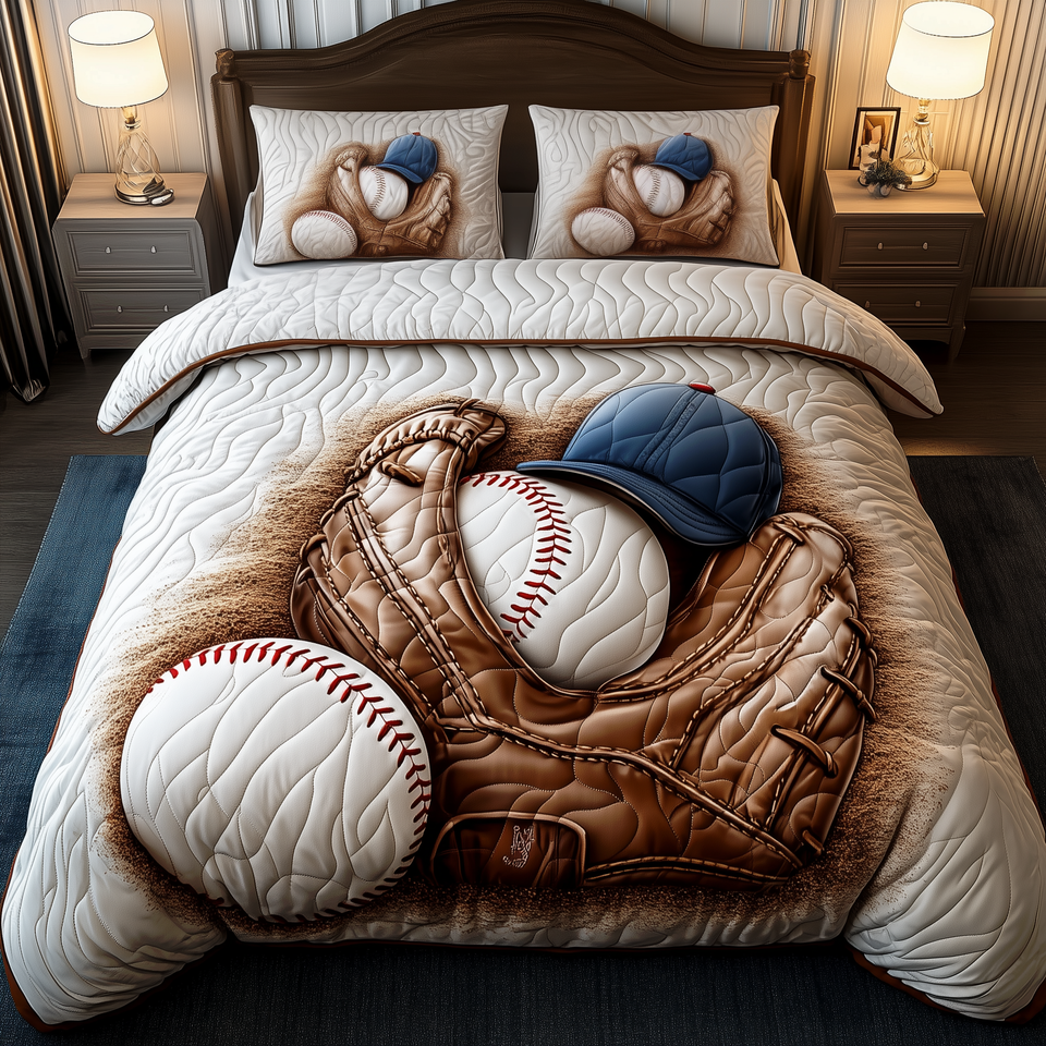 Vintage Baseball Time quilted bedding set, quilt and two pillow shams on a made bed