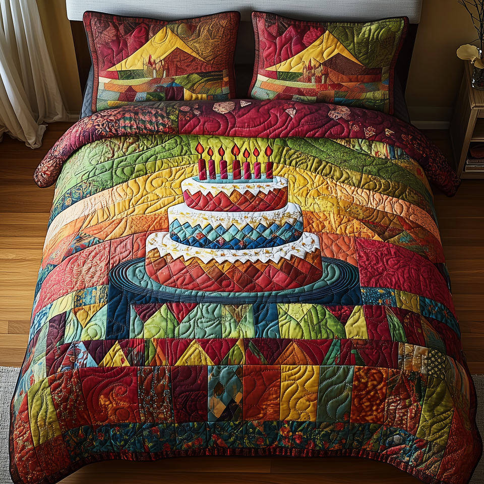 Vintage Birthday Cake Three Tiers on Green Squares quilted bedding set, quilt and two pillow shams on a made bed