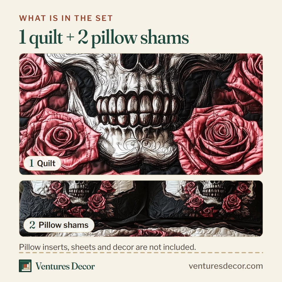 What is in the set: one quilt and two pillow shams, shown in the Vintage Black And Rose Skull design
