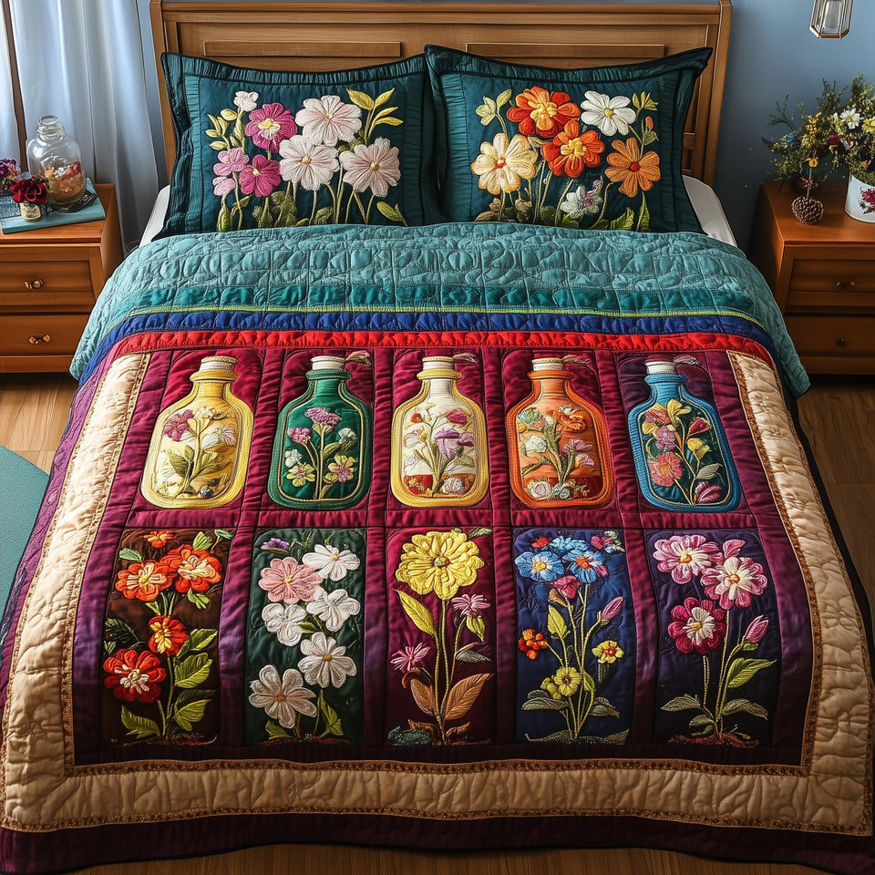 Vintage Bloom Jar Rows quilted bedding set, quilt and two pillow shams on a made bed