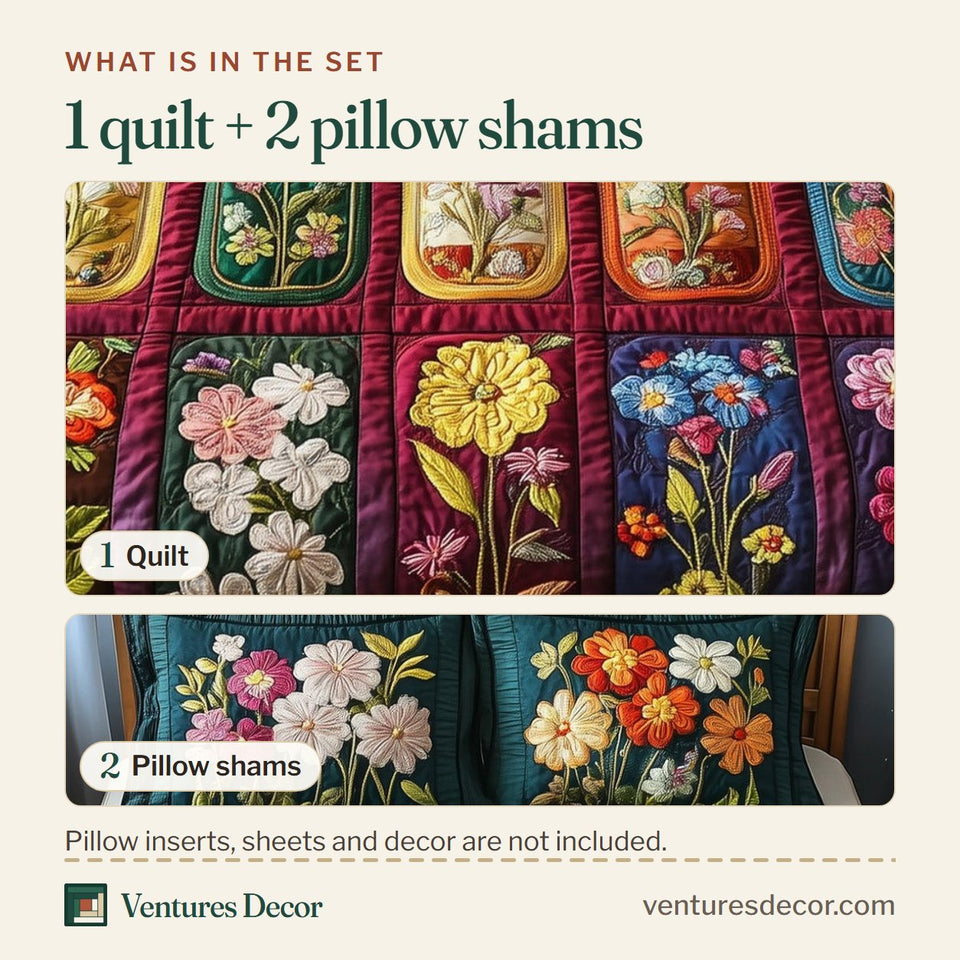 What is in the set: one quilt and two pillow shams, shown in the Vintage Bloom Jar Rows design