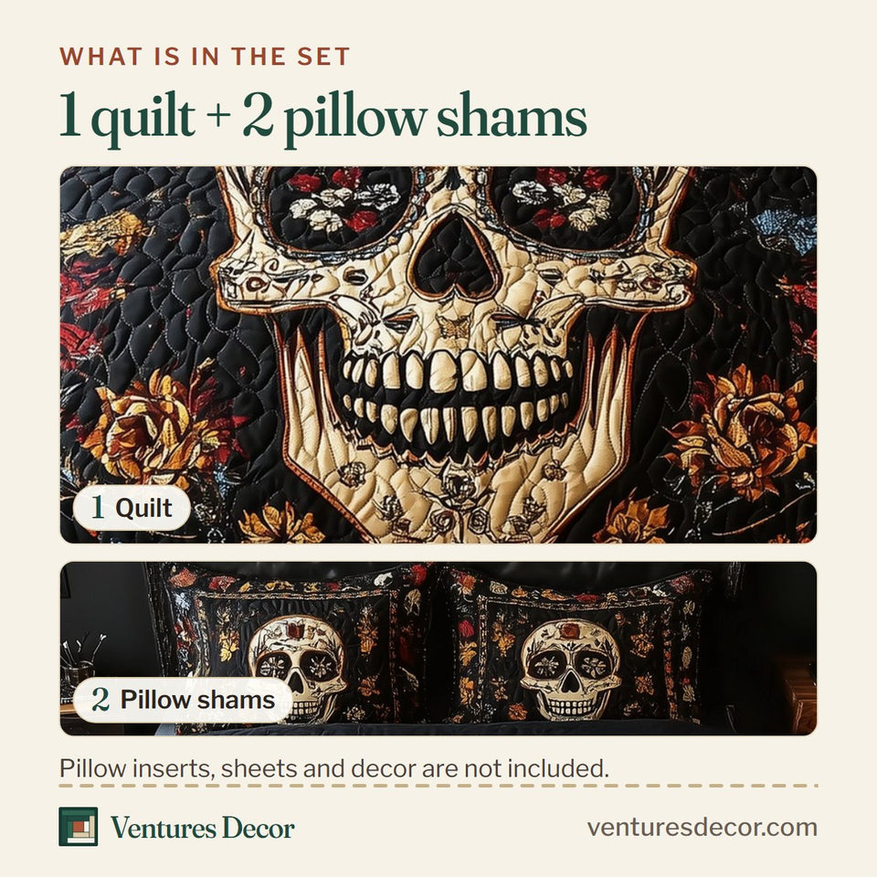 What is in the set: one quilt and two pillow shams, shown in the Vintage Bold Skull Jeweled Eye Sockets design