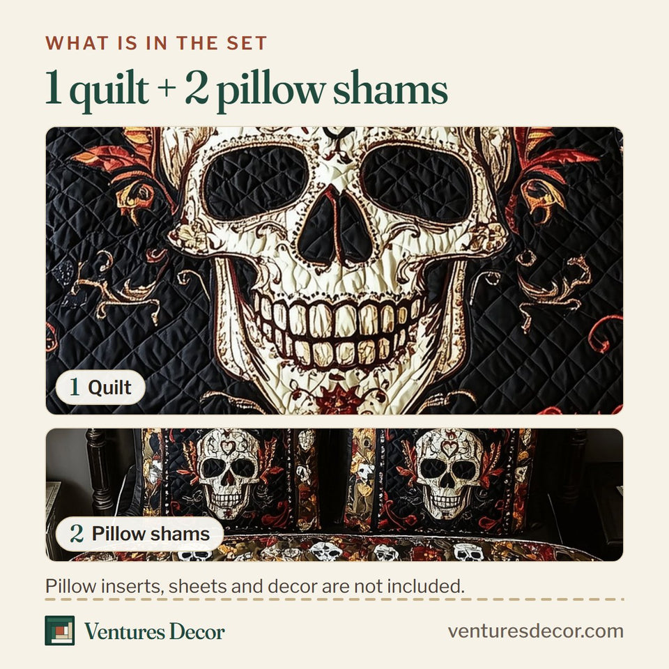 What is in the set: one quilt and two pillow shams, shown in the Vintage Bold Skull Red Heart On Brow design