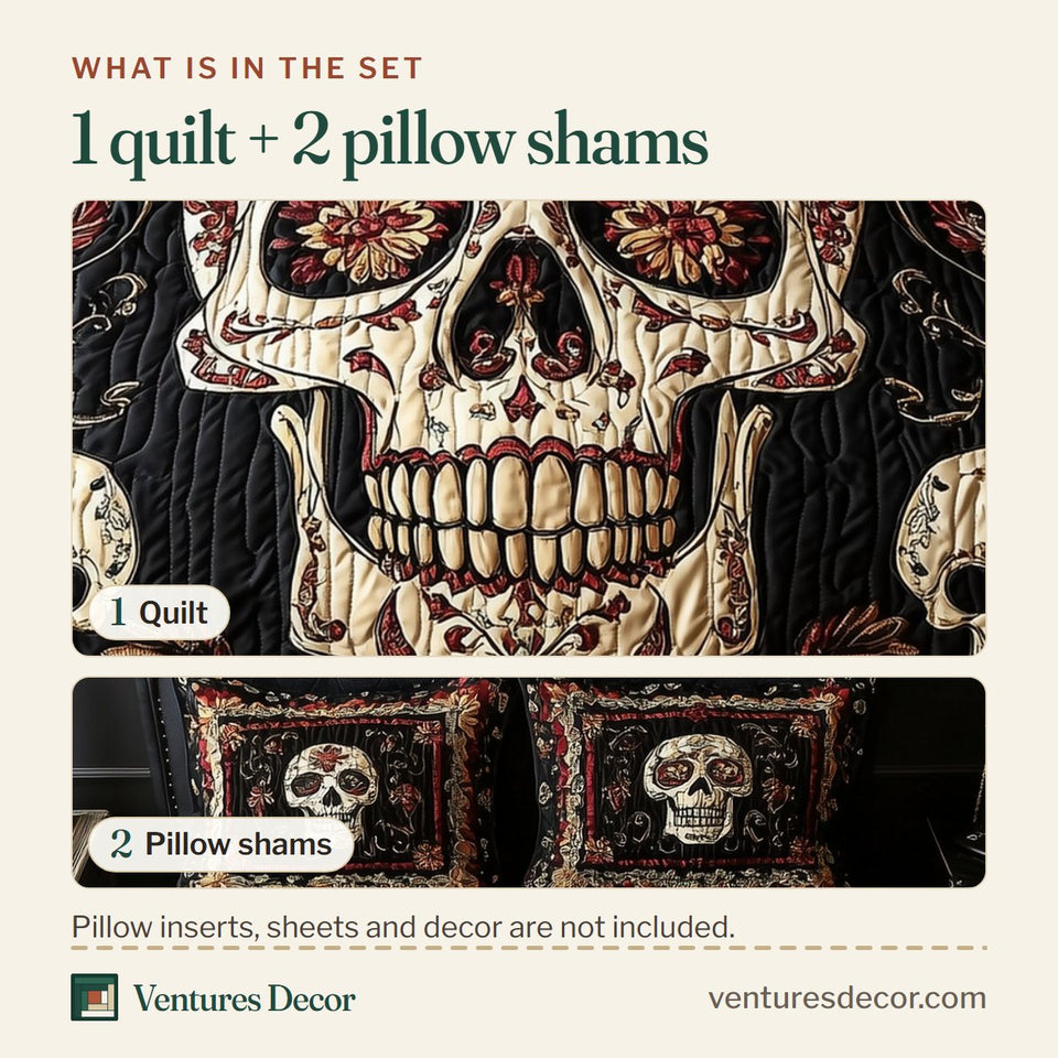 What is in the set: one quilt and two pillow shams, shown in the Vintage Bold Skull Red Piped Frame design
