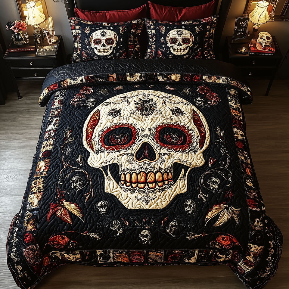 Vintage Bold Skull Scattered Red Leaves quilted bedding set, quilt and two pillow shams on a made bed