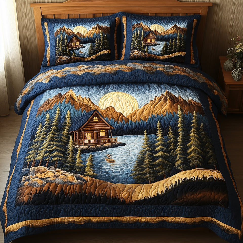 Vintage Cabin Moonrise Over The Lake quilted bedding set, quilt and two pillow shams on a made bed