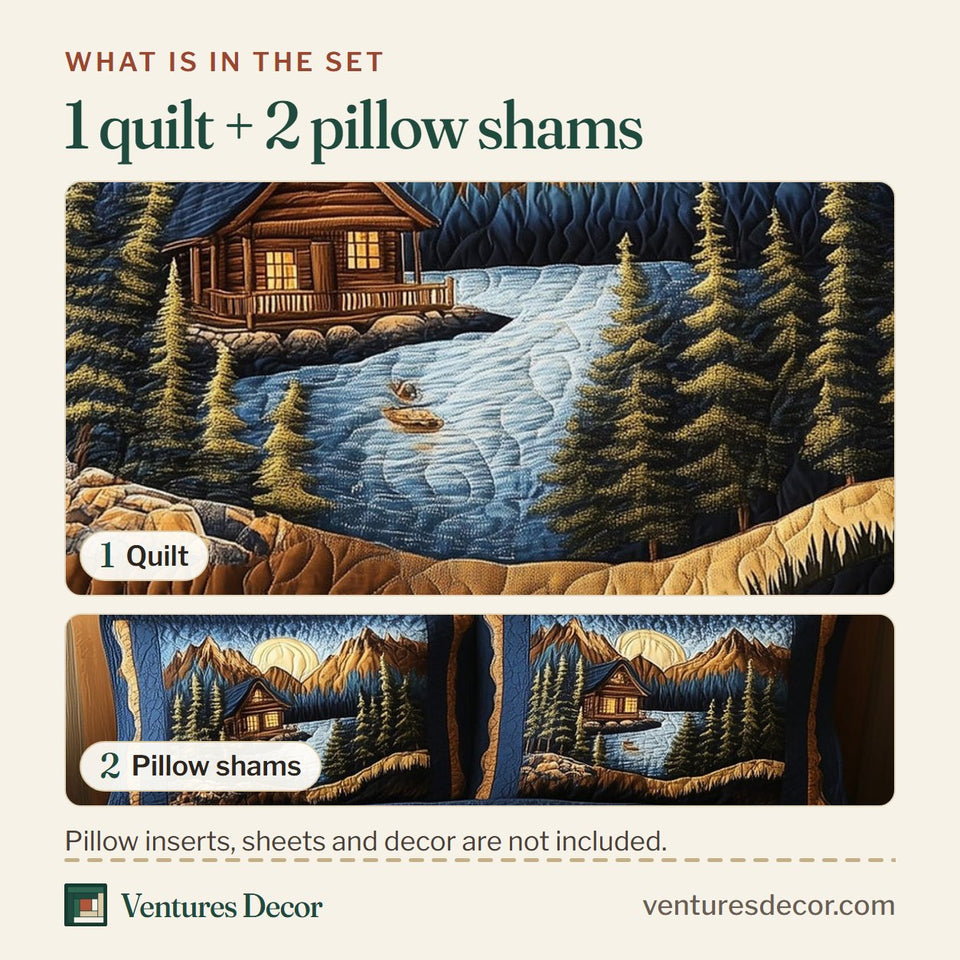 What is in the set: one quilt and two pillow shams, shown in the Vintage Cabin Moonrise Over The Lake design