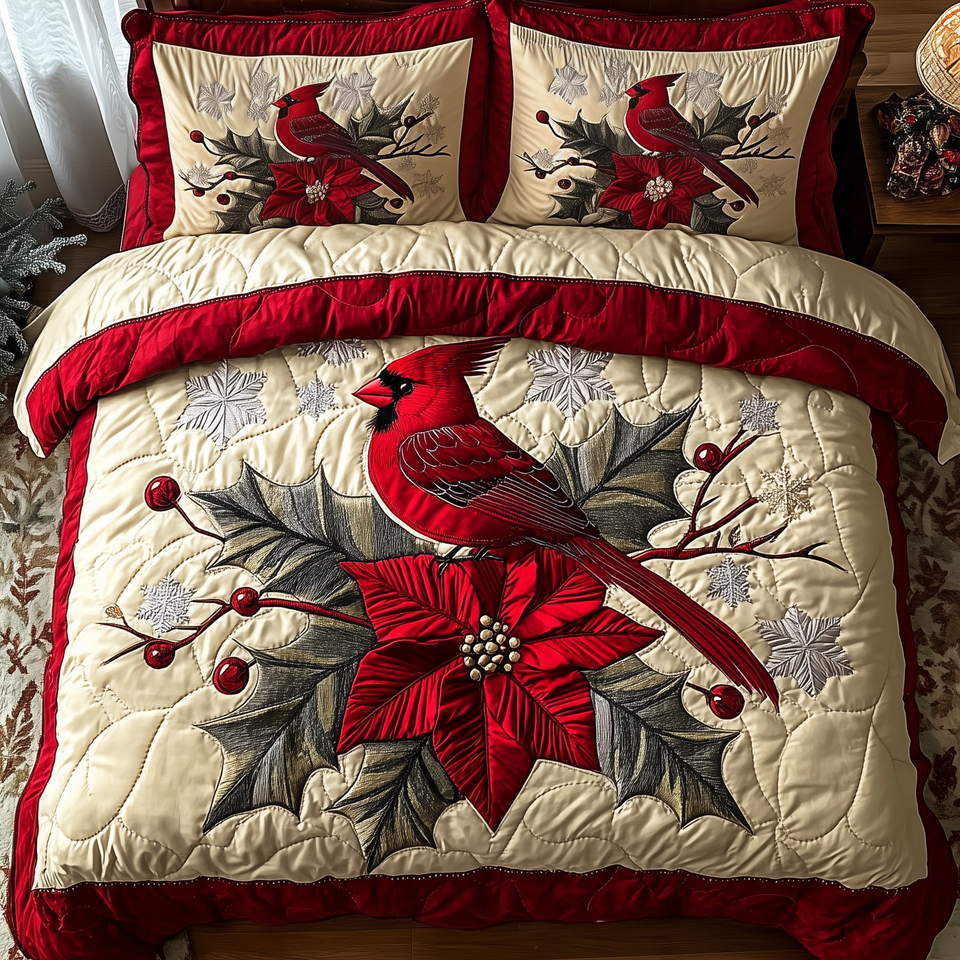 Vintage Cardinal Poinsettia Flower Red Berry Branch quilted bedding set, quilt and two pillow shams on a made bed