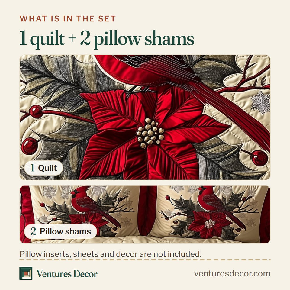 What is in the set: one quilt and two pillow shams, shown in the Vintage Cardinal Poinsettia Flower Red Berry Branch design