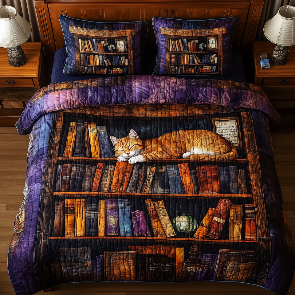 Vintage Cat Bookshelf Ginger Cat Mid Shelf quilted bedding set, quilt and two pillow shams on a made bed