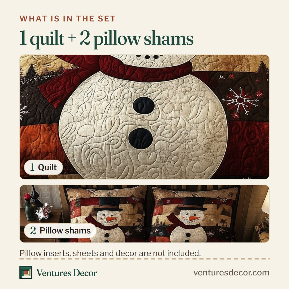 What is in the set: one quilt and two pillow shams, shown in the Vintage Checker Snowman design