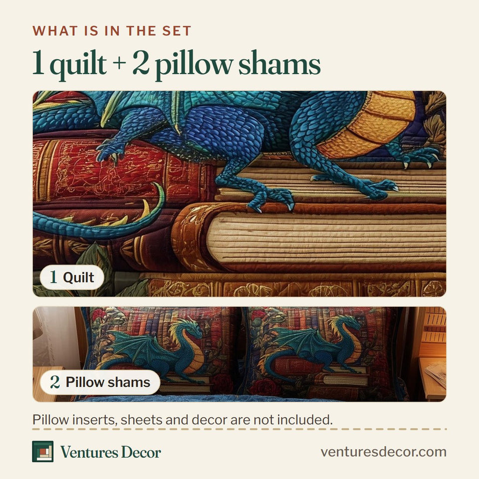 What is in the set: one quilt and two pillow shams, shown in the Vintage Dragon design