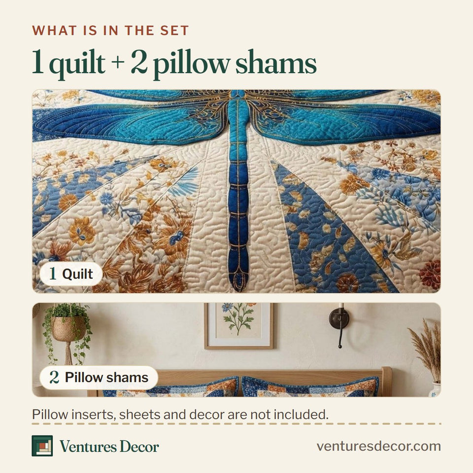 What is in the set: one quilt and two pillow shams, shown in the Vintage Dragonfly Calico Sky design