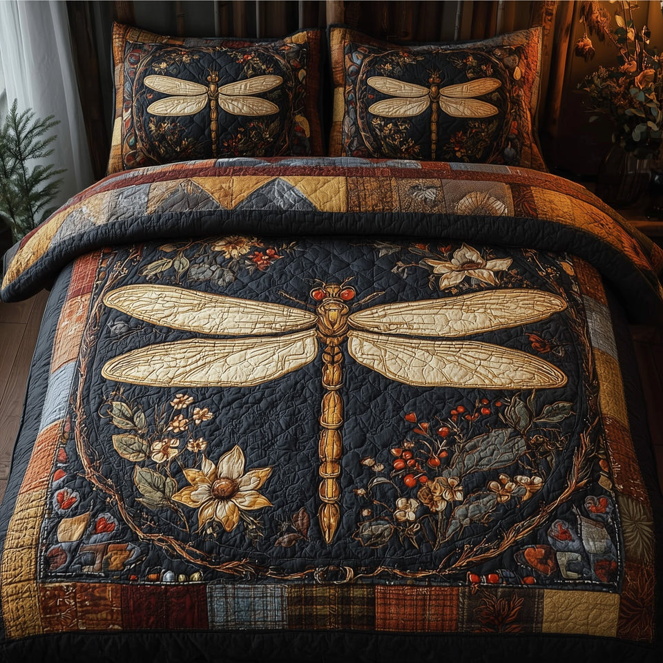 Vintage Dragonfly Cream Wings On Plaid Patch quilted bedding set, quilt and two pillow shams on a made bed