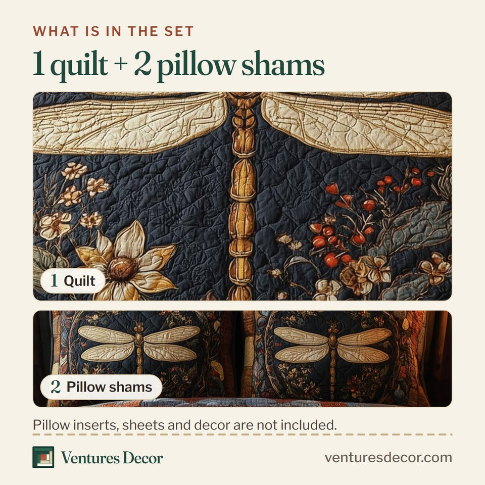 What is in the set: one quilt and two pillow shams, shown in the Vintage Dragonfly Cream Wings On Plaid Patch design